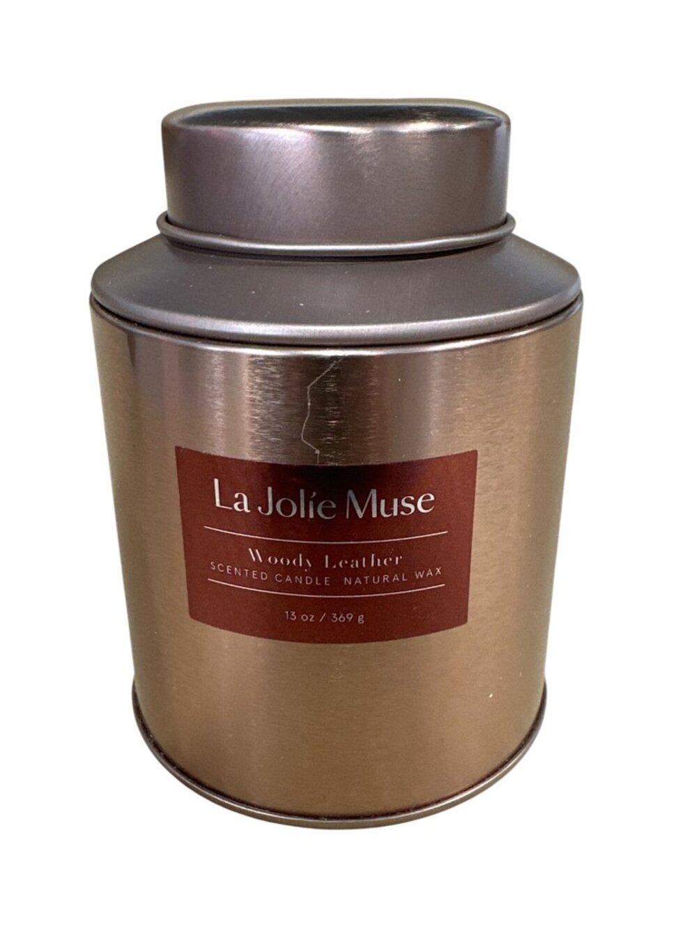 La Jolie Muse Scented Candle 13 Oz Woody Leather Natural Wax Aromatic Metal NEW